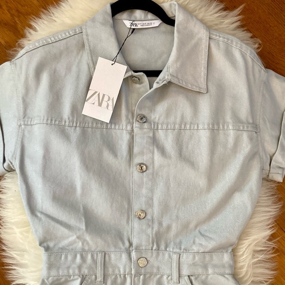 Zara High-Waist Shimmer Denim Cotton Romper - Picture 4 of 14